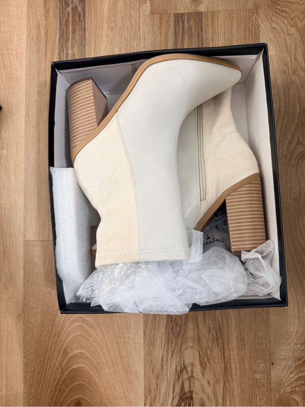 Lulu's Cream Two-Tone Block Heel Ankle Boots